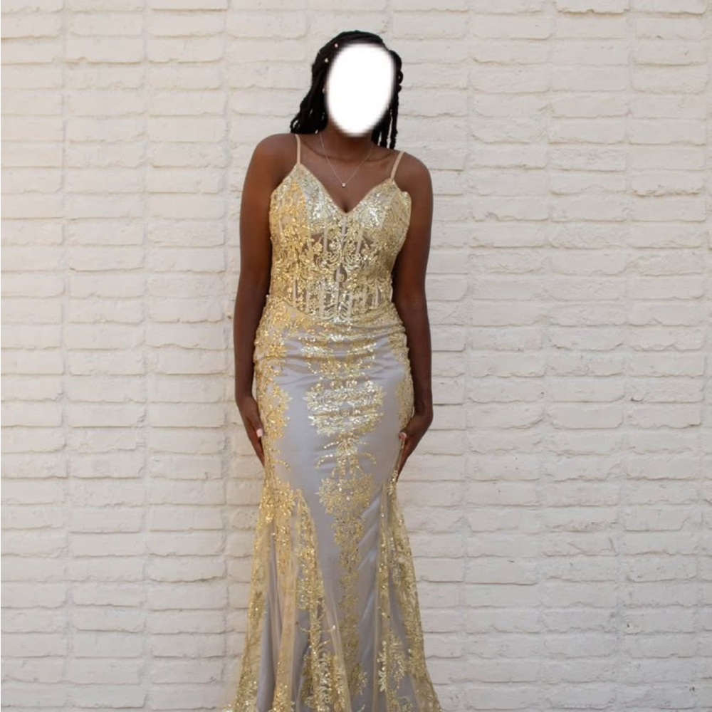 PromGirl Gold and Cream Lace Gown